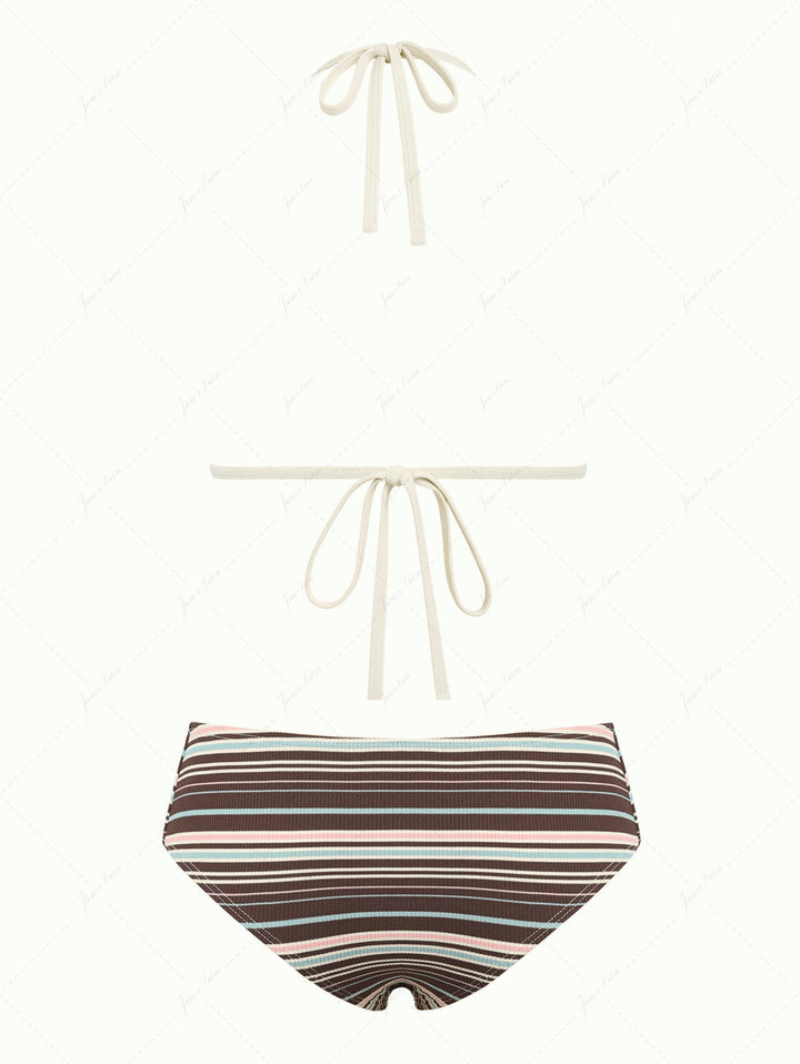 Deep Coffee Ribbed Knit Striped Triangle Push Up Bikini Set