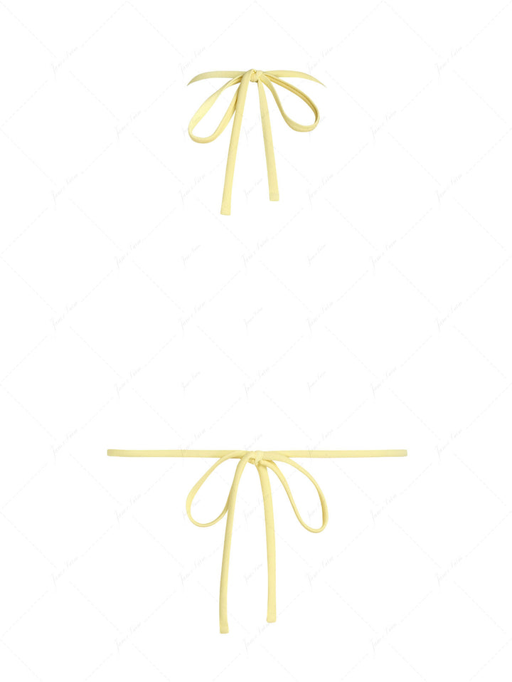 Yellow Floral Jacquard Textured Lace Bowknot Triangle Bikini Top
