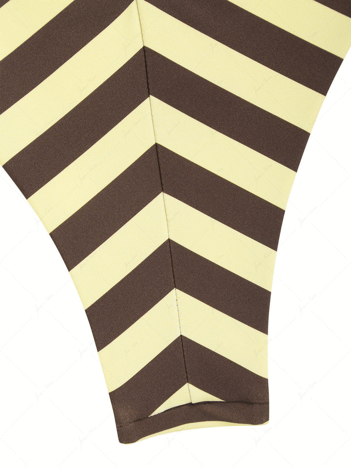 Coffee Striped Polka Dot Halter Tied Top & Cheeky Brazilian Bottom Reversible Tankini Set