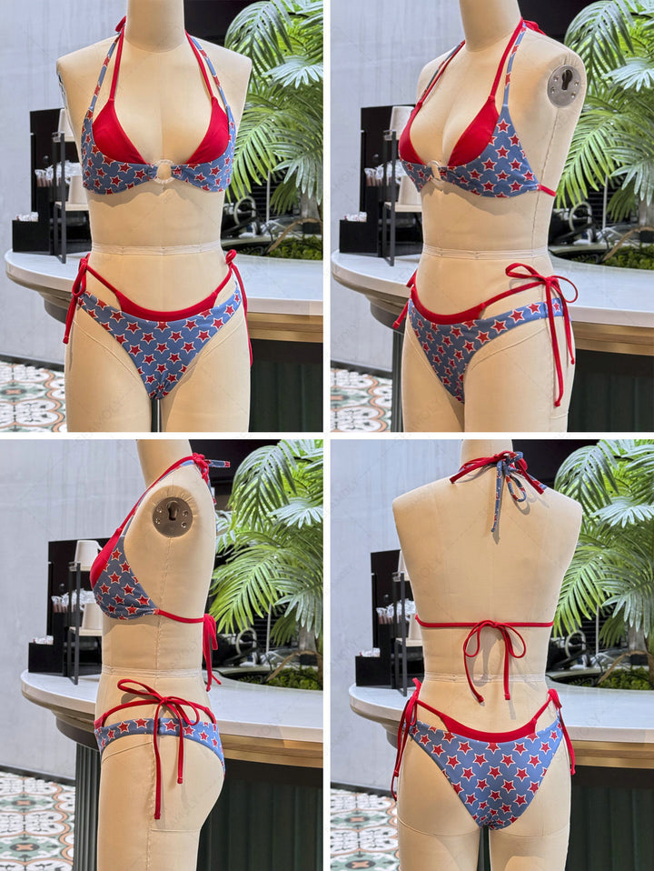 Seamolly Contrast Color Stars Print O Ring Double Layer Bikini Set for 4th of July