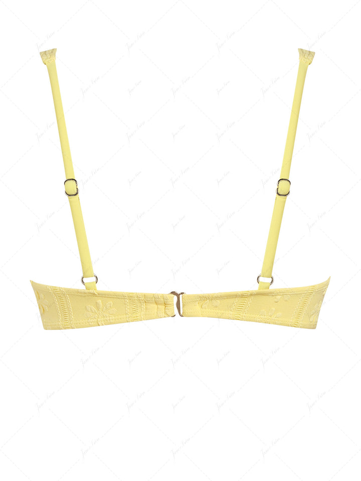 Yellow Jacquard Textured Lace Bowknot Underwire Bikini Top