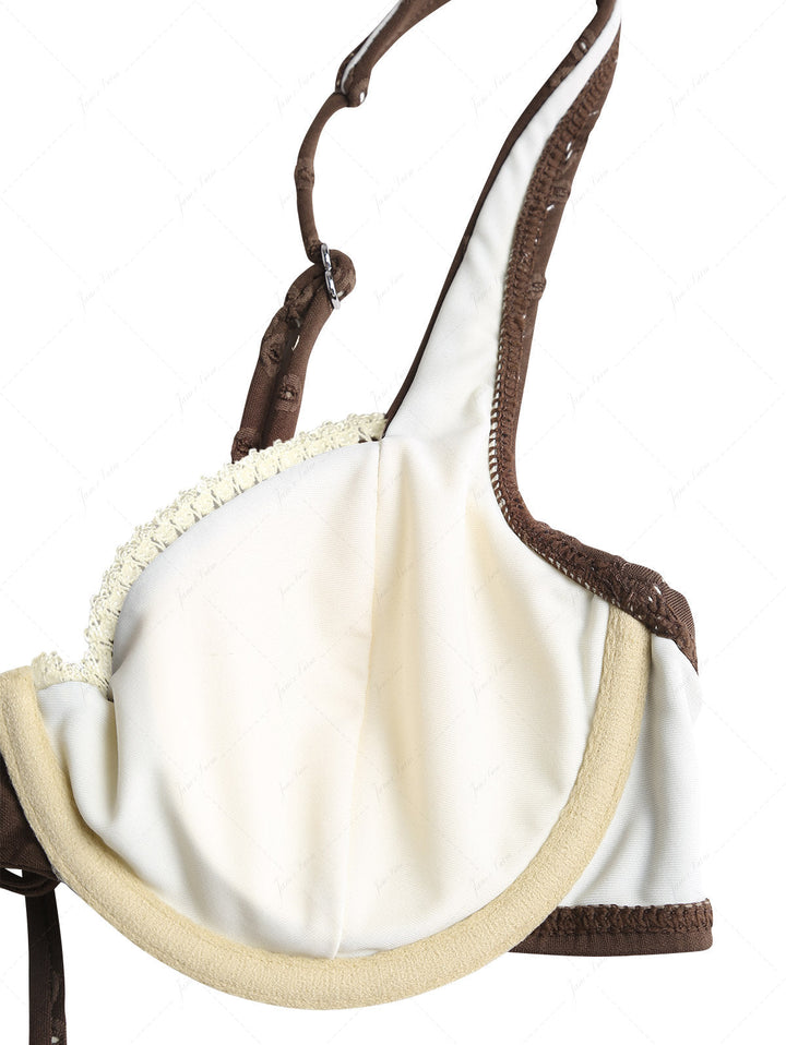 Deep Coffee Recycled Fabric Jacquard Lace Bowknot Underwire Bikini Set