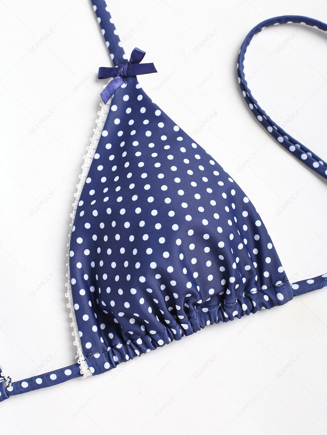 Deep Blue Polka Dots Lace Bowknot Halter Triangle Bikini Top