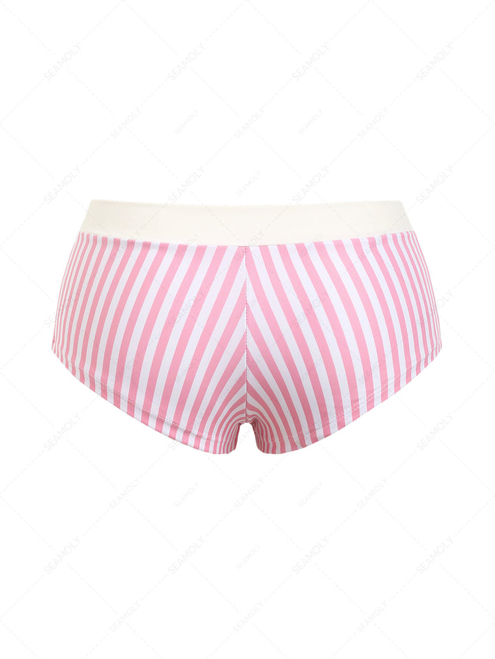 Seamolly 3 Piece Striped Lace Bowknot Triangle Brazilian Cheeky Boyshort Bikini Set
