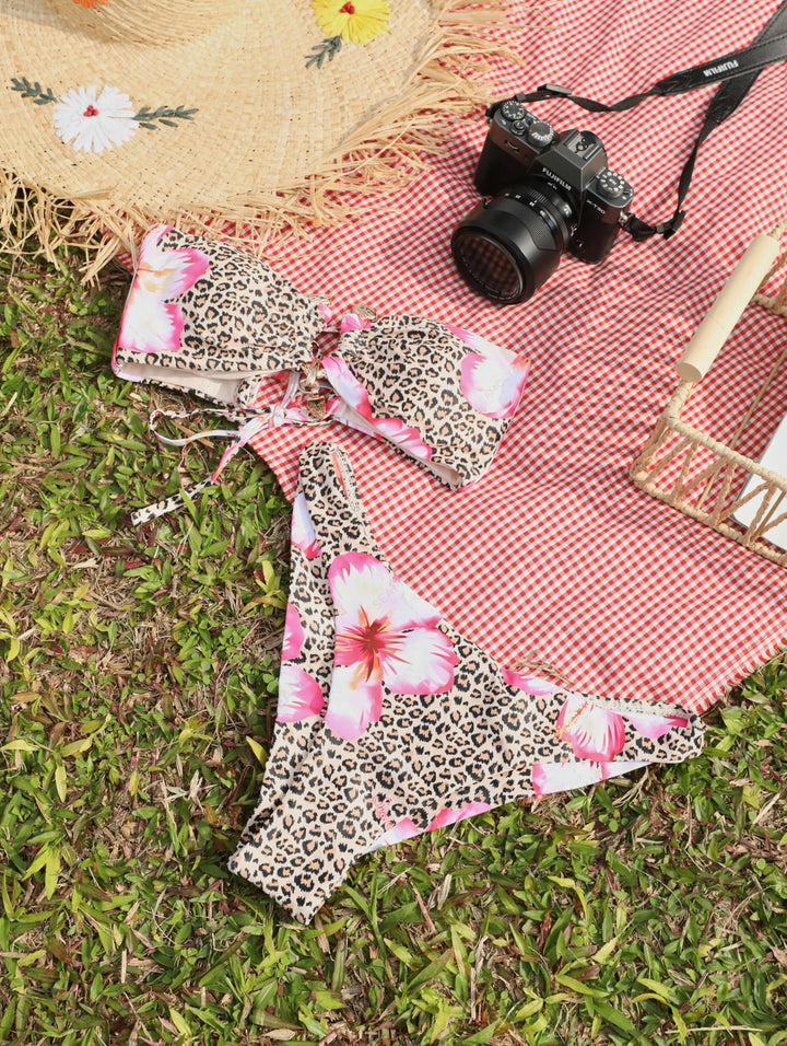 Seamolly Leopard Hawaii Style Floral Print Bandeau Top & Cheeky Brazilian Bottom Bikini Set