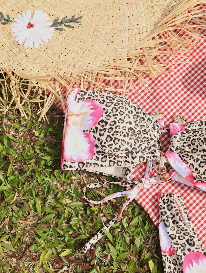 Seamolly Leopard Hawaii Style Floral Print Bandeau Top & Cheeky Brazilian Bottom Bikini Set