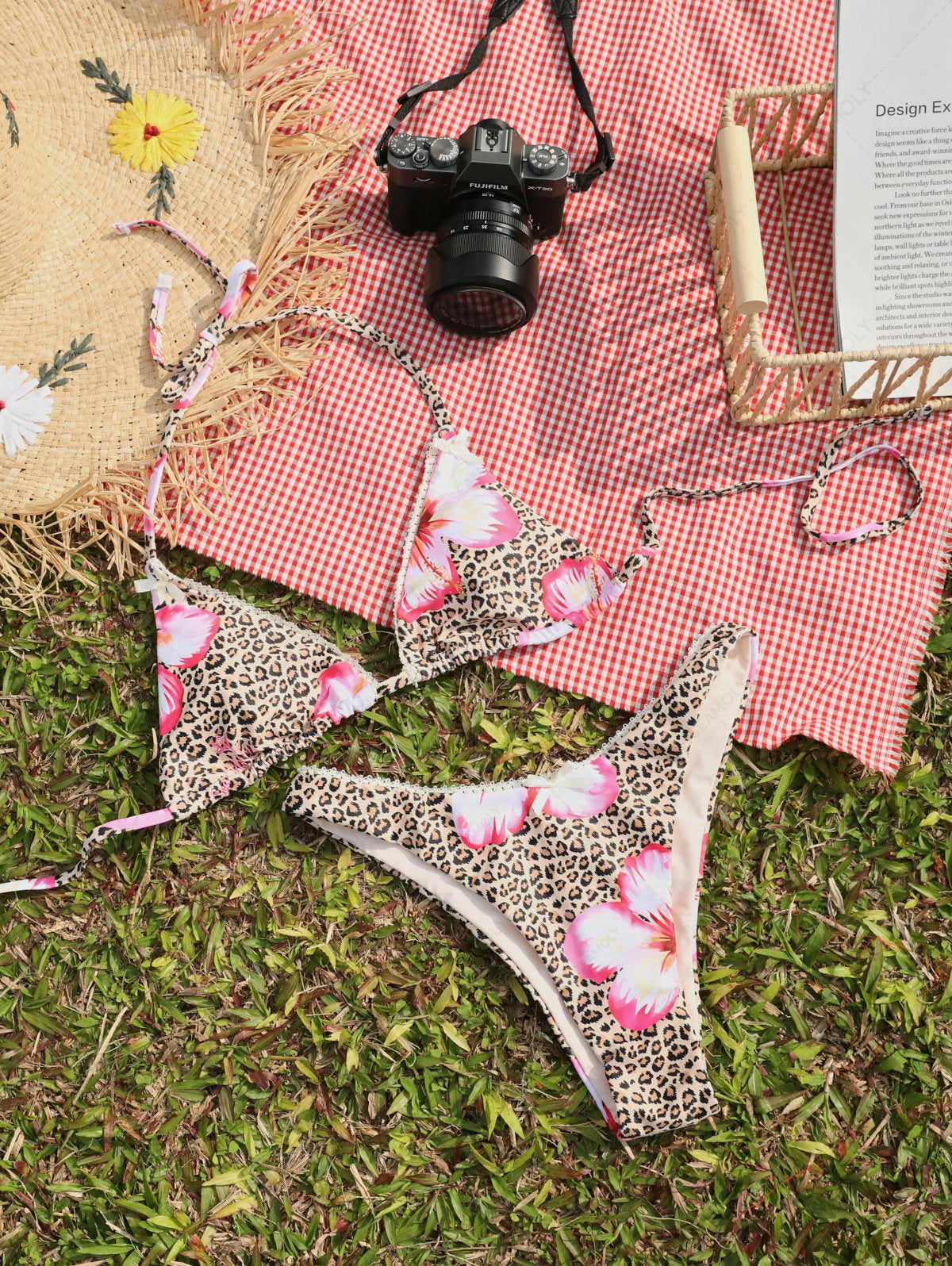 Seamolly Vintage Leopard Floral Print Lace Trim Halter Triangle Cheeky