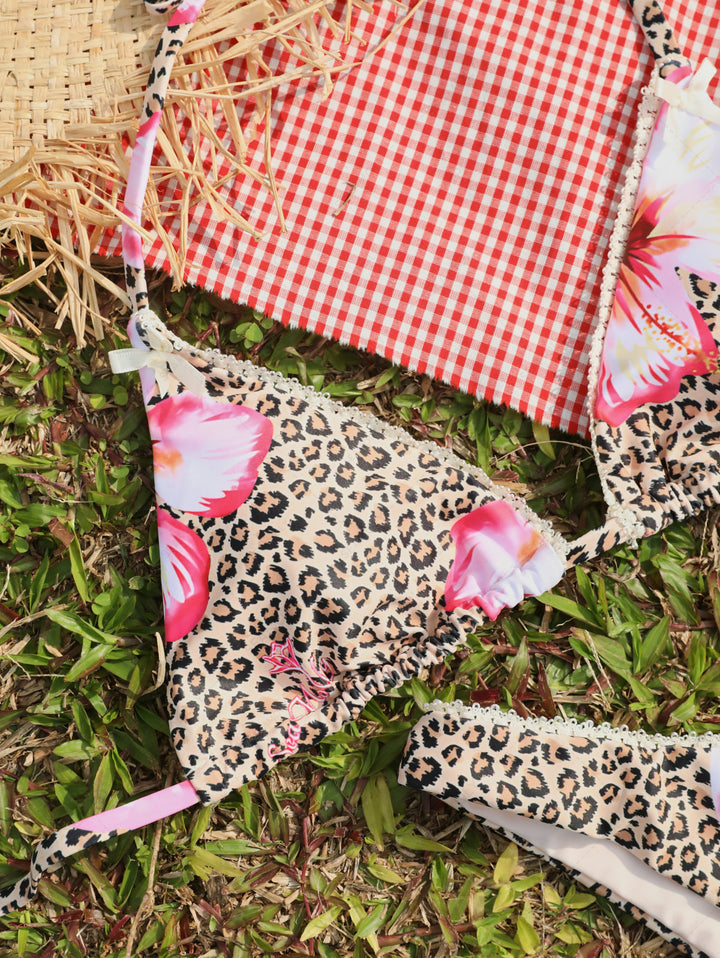Seamolly Vintage Leopard Floral Print Lace Trim Halter Triangle Cheeky Bikini Set - Hawaii Style