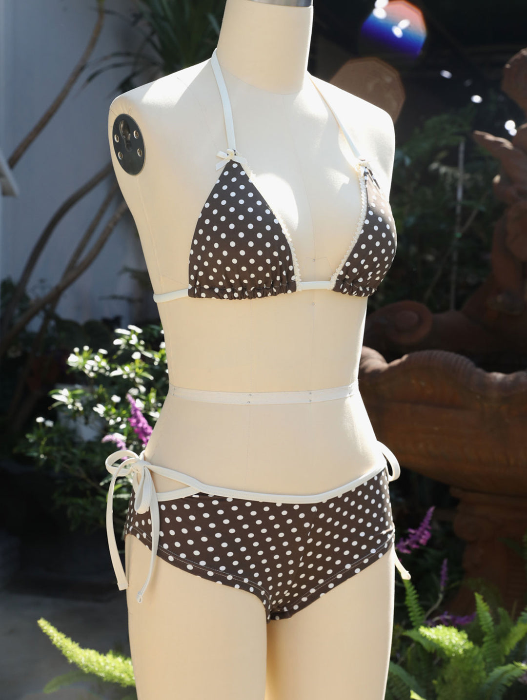 Deep Coffee Polka Dot Lace Bowknot Cutout Tie Side Cheeky Boyshorts Bikini Set