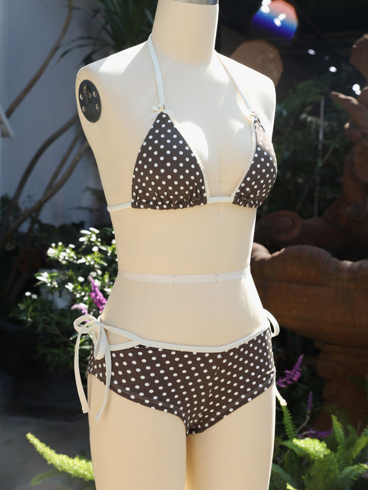 Deep Coffee Polka Dot Lace Bowknot Cutout Tie Side Cheeky Boyshorts Bikini Set