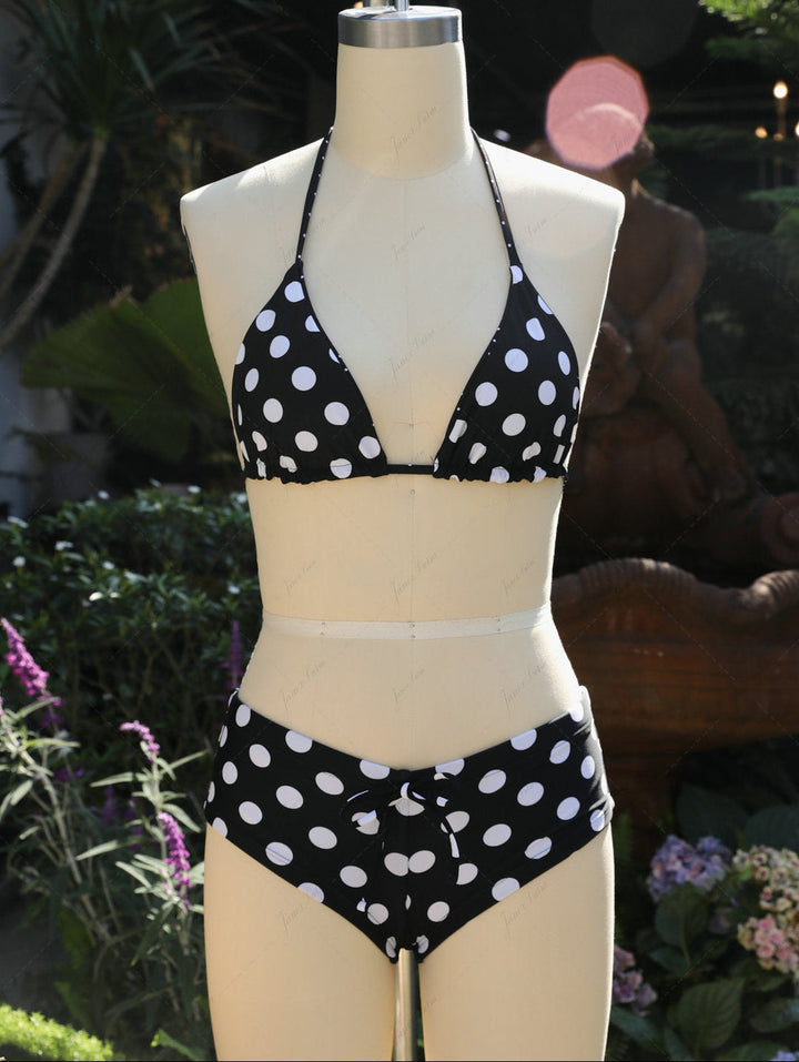 Black Polka Dot Reversible Triangle Top & Cheeky Boyshort Bikini Set