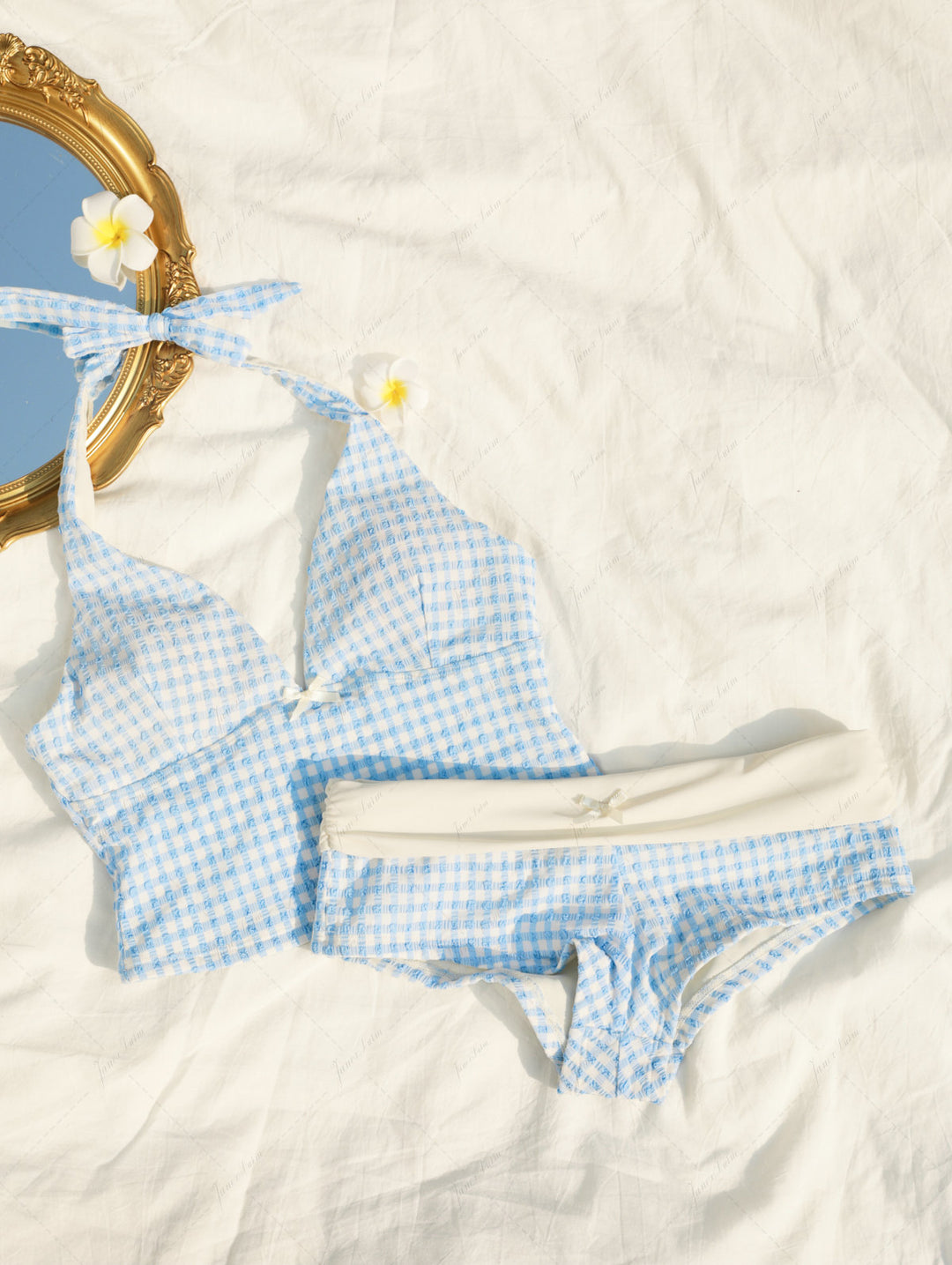 Light Blue Grid Textured Plunging Neck Halter Foldover Cheeky Boyshorts Tankini Set