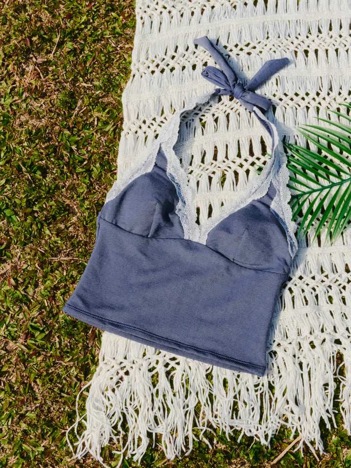 Deep Blue Denim Lace Plunging Neck Cheeky Boyshorts Tankini Set