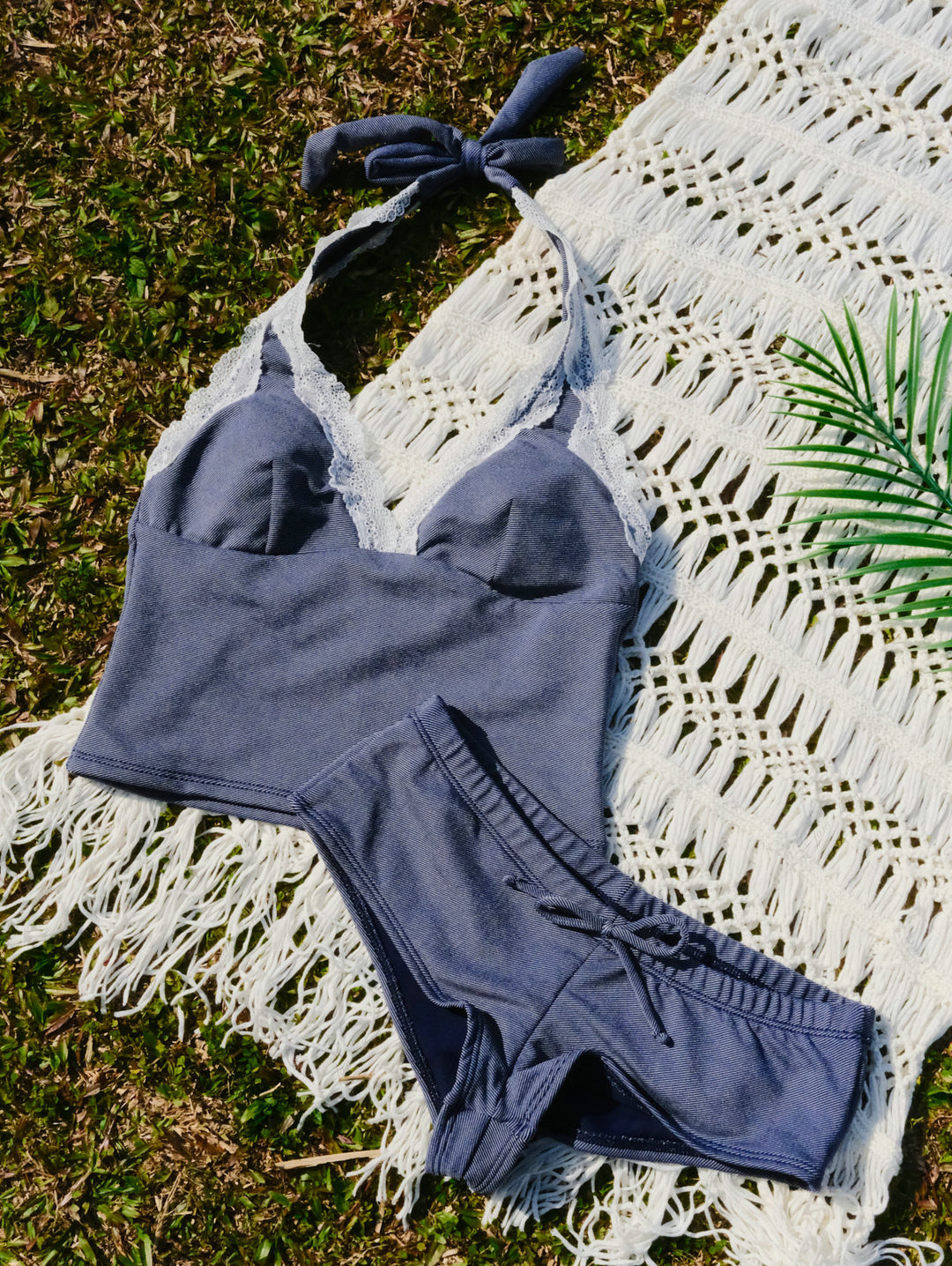 Deep Blue Denim Lace Plunging Neck Cheeky Boyshorts Tankini Set
