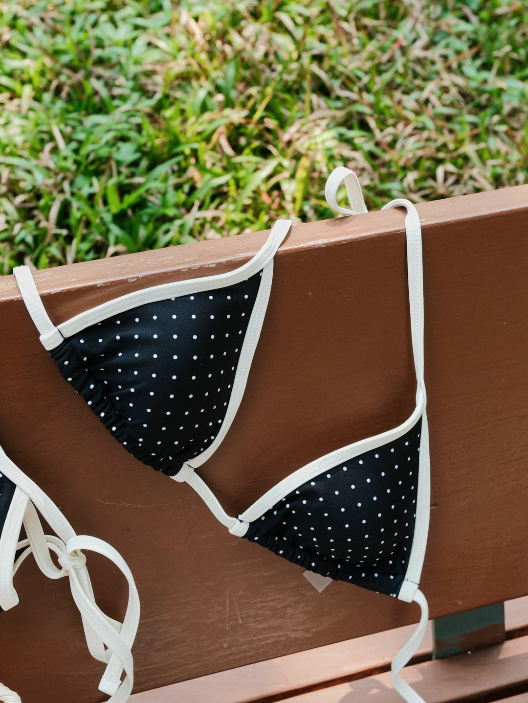 Black Polka Dot Contrast Binding Halter Triangle Bikini Top
