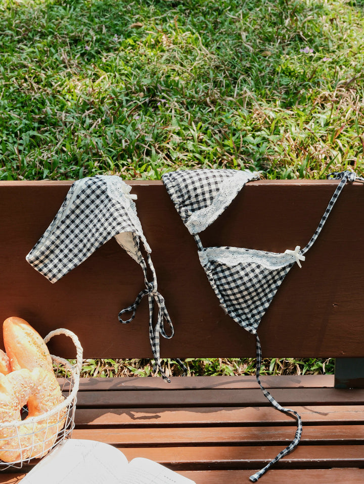 Black Plaid Lace Bowknot Halter Triangle Bikini Top