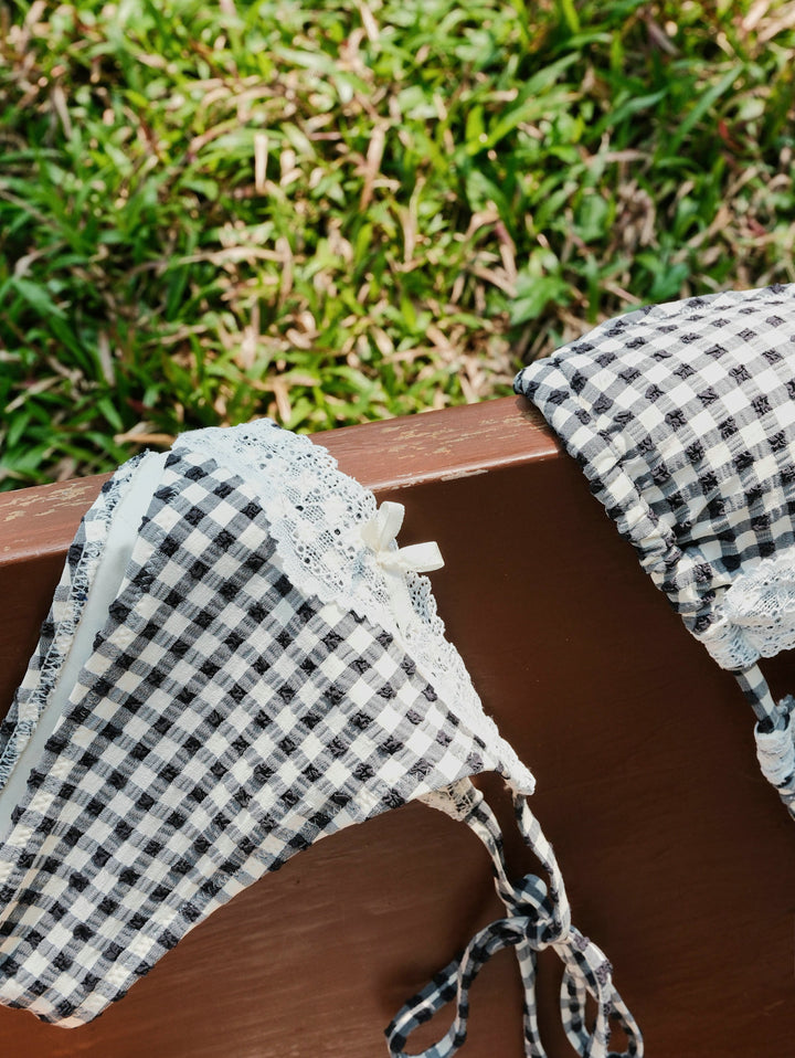 Black Plaid Lace Bowknot Tie Side Bikini Bottom
