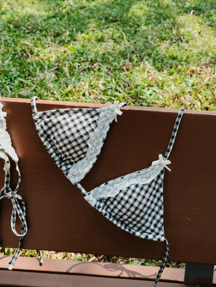 Black Plaid Lace Bowknot Halter Triangle Bikini Top