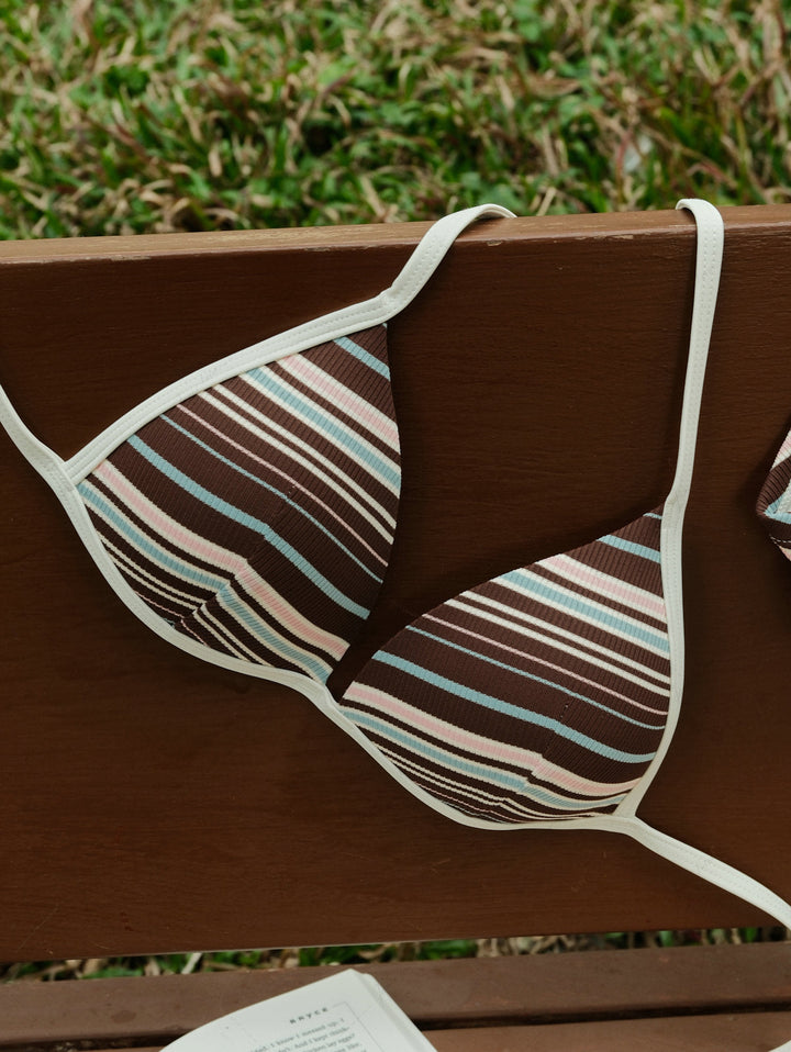 Deep Coffee Ribbed Striped Triangle Push Up Top & Cheeky Boyshorts Bikini Set