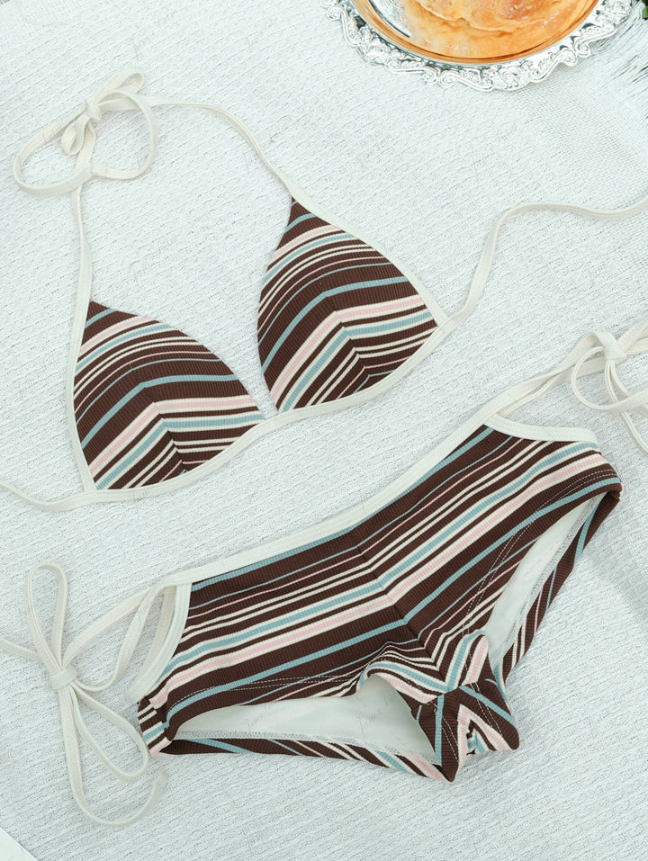 Deep Coffee Striped Cutout Tie Side Bikini Bottom Cheeky Swim Boyshorts
