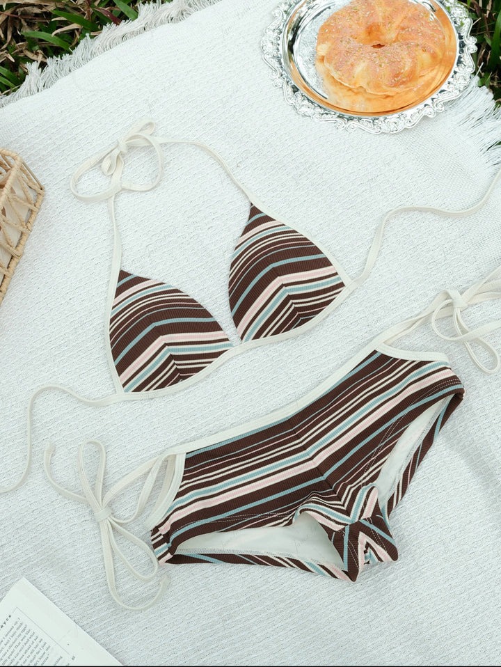 Deep Coffee Ribbed Striped Triangle Push Up Top & Cheeky Boyshorts Bikini Set