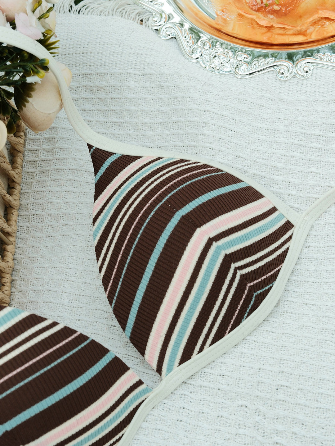 Deep Coffee Ribbed Striped Triangle Push Up Top & Cheeky Boyshorts Bikini Set