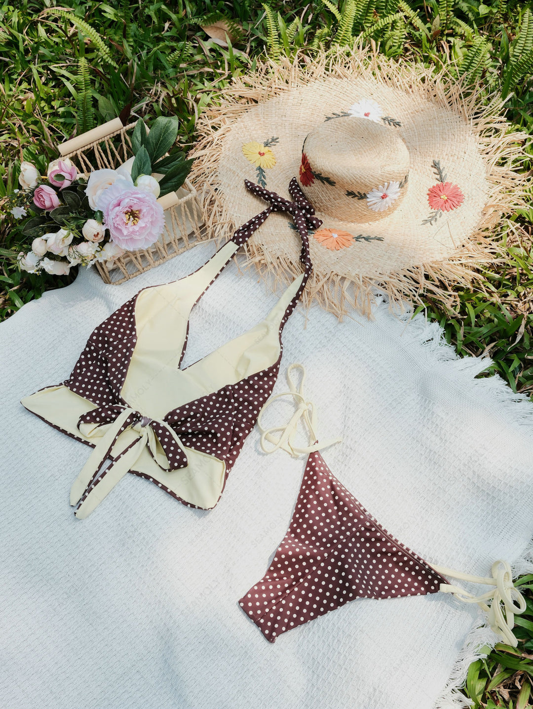 Seamolly Polka Dot Print Halter Tank Top & Cheeky Brazilian Bottom Tankini Set