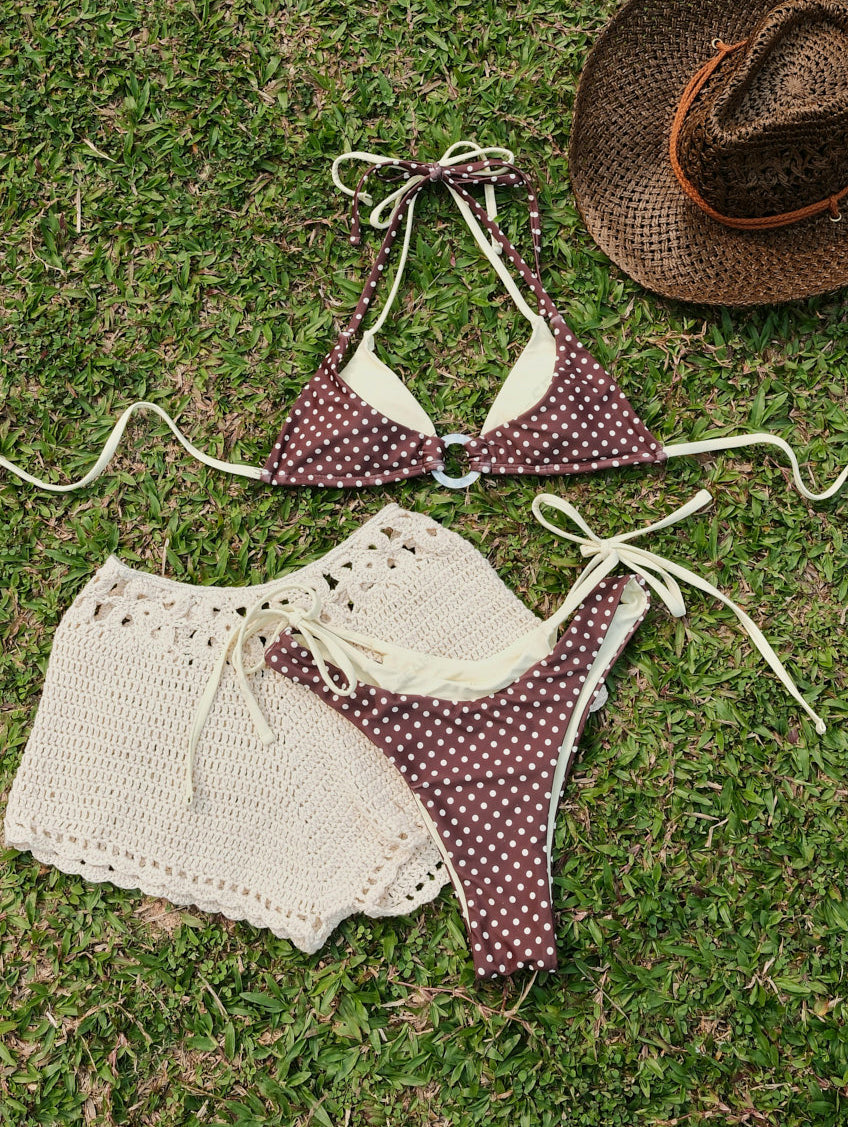 Seamolly Contrast Color Polka Dot Print O Ring Double Layer Bikini Set