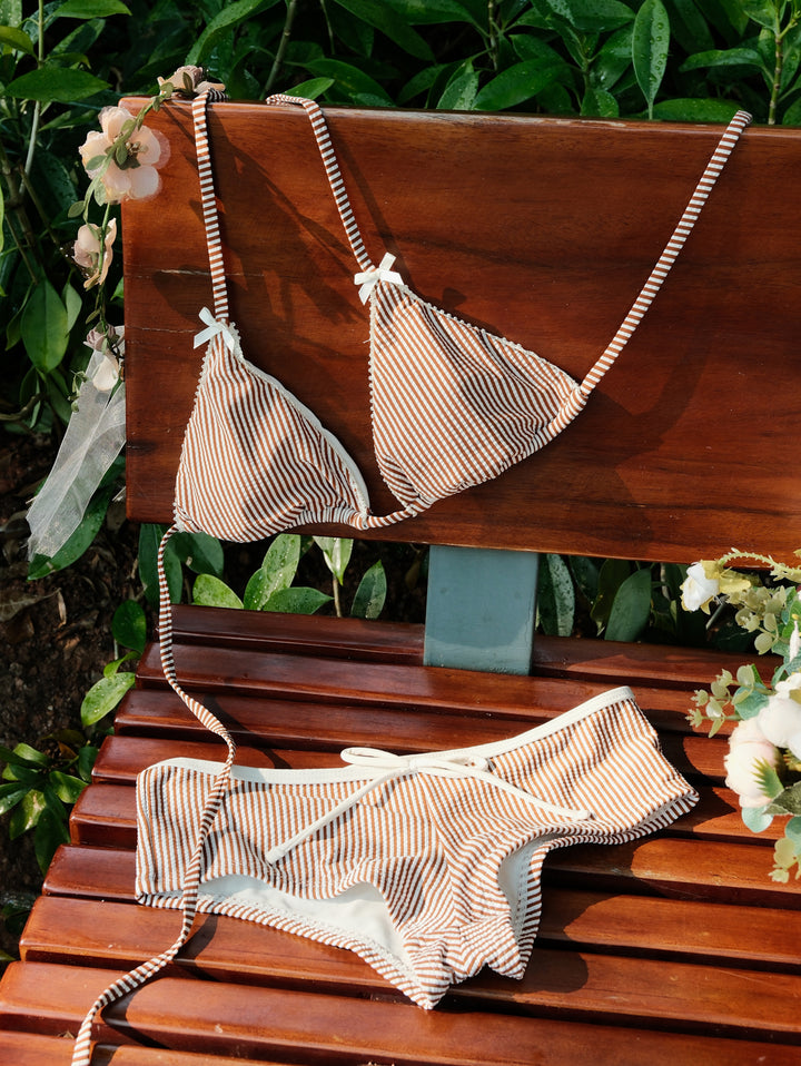 Janex Coffee Striped Lace Bowknot Halter Triangle Cheeky Boyshort Bikini Set
