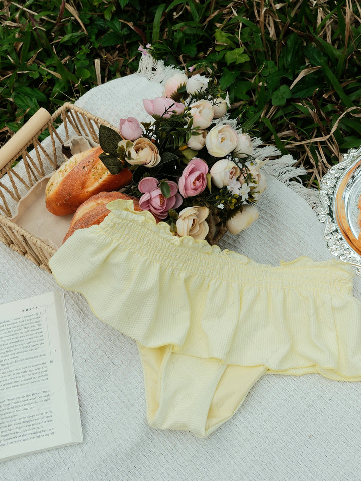 Light Yellow Textured Knit Fabric Smocked Ruffles Peplum Swim Skirt Bikini Bottom