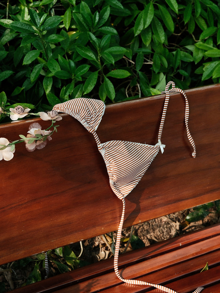 Janex Coffee Striped Lace Bowknot Halter Triangle Cheeky Boyshort Bikini Set