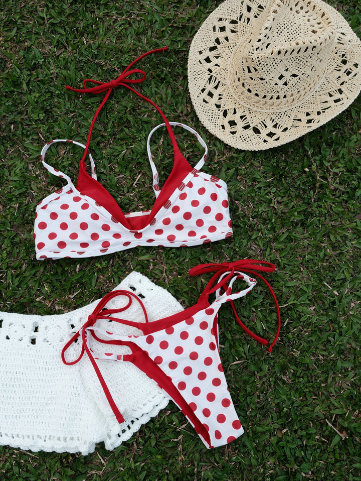 Seamolly Contrast Color Polka Dot Print String Double Layer Bikini Set