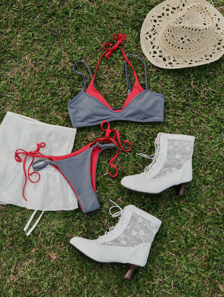 Deep Blue Denim Contrast Color String Double Layer Bikini Set