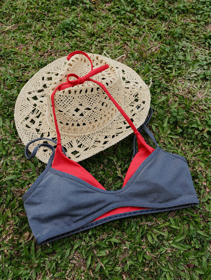 Deep Blue Denim Contrast Color String Double Layer Bikini Set