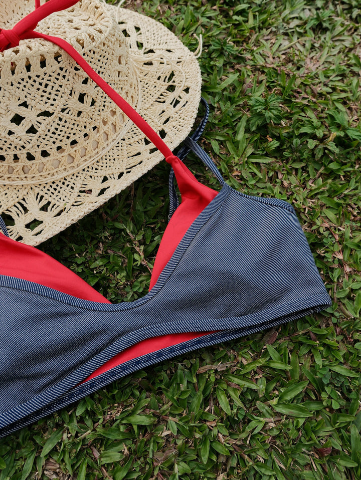 Deep Blue Denim Contrast Color String Double Layer Bikini Set
