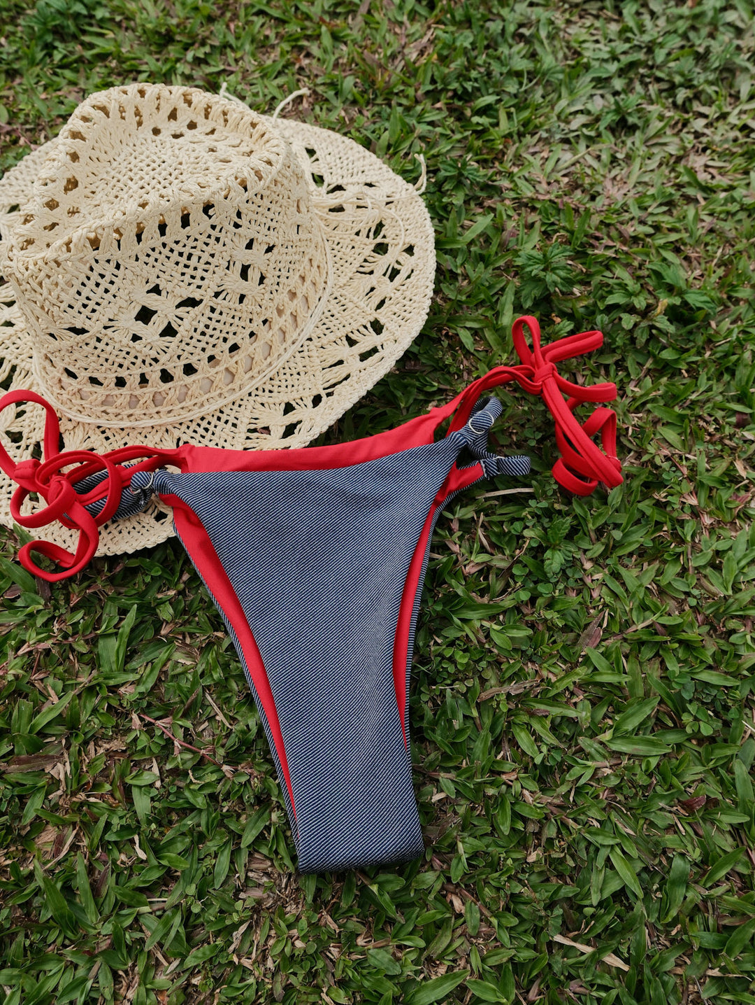 Deep Blue Denim Contrast Color String Double Layer Bikini Set