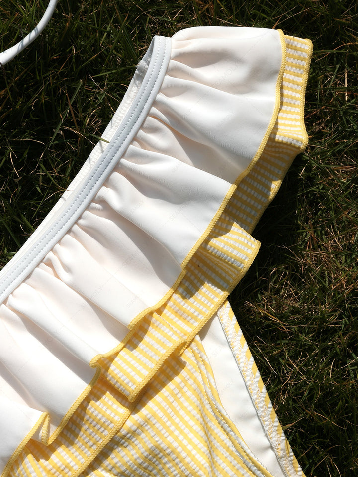 Seamolly Contrast Binding Striped Layered Peplum Halter Triangle Skirtini Bikini Set