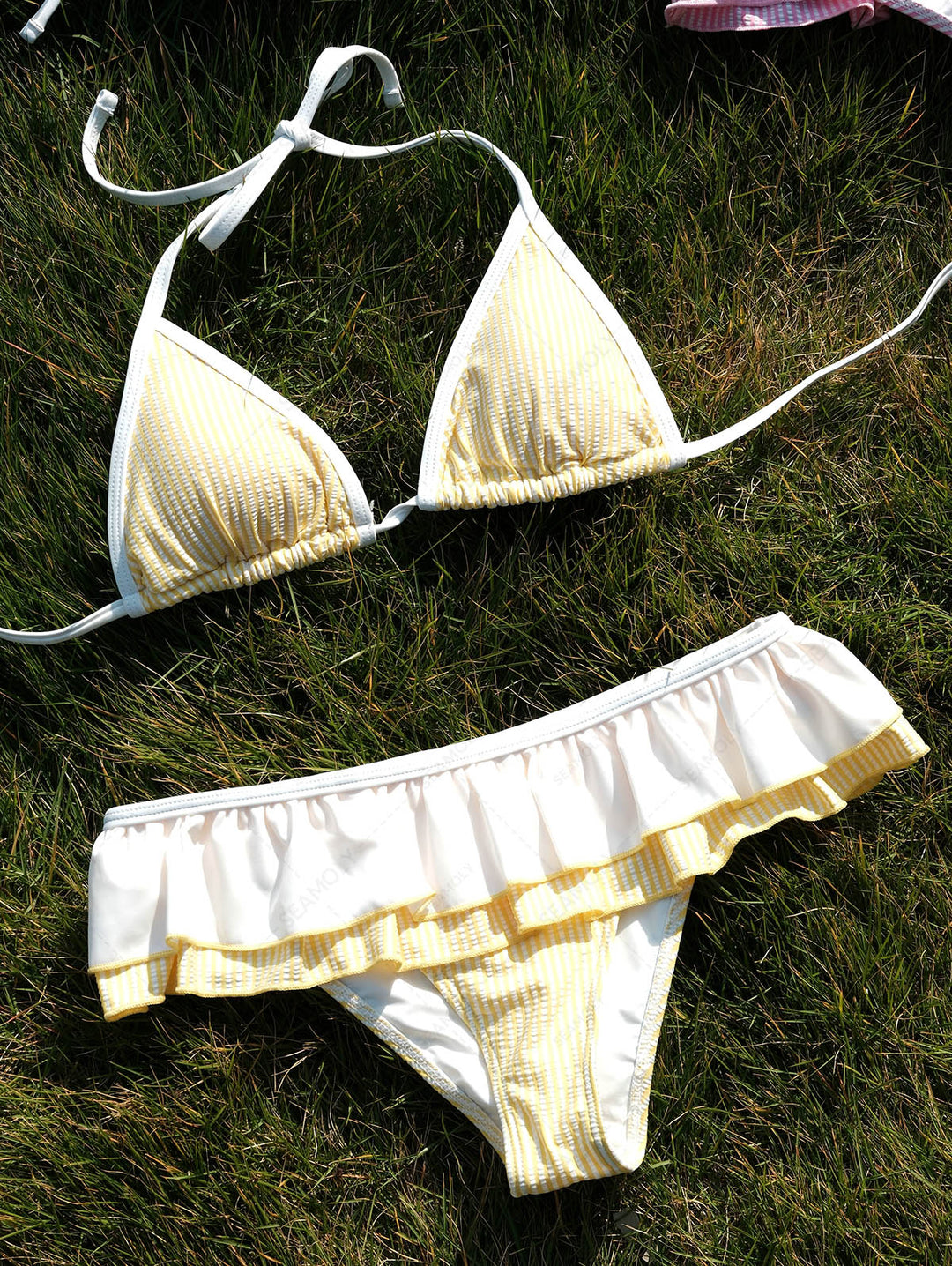 Seamolly Contrast Binding Striped Layered Peplum Halter Triangle Skirtini Bikini Set