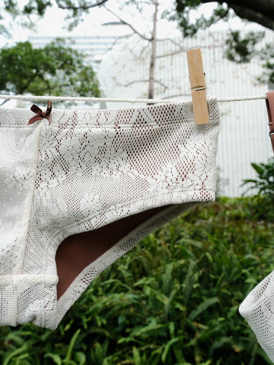 Crystal Cream Lace Bowknot Bikini Bottom Cheeky Swim Boyshorts