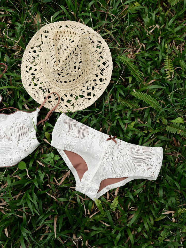 Crystal Cream Lace Bowknot Bikini Bottom Cheeky Swim Boyshorts