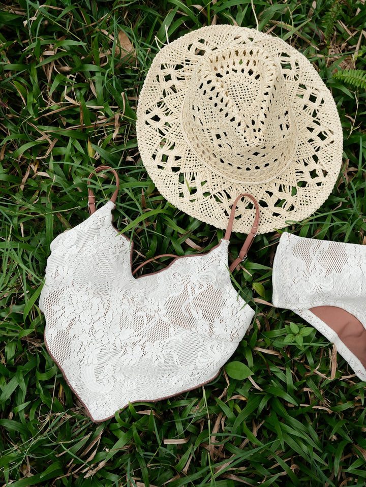 Crystal Cream Lace Contrast Piping Hanky Hem Cheeky Boyshorts Tankini Set