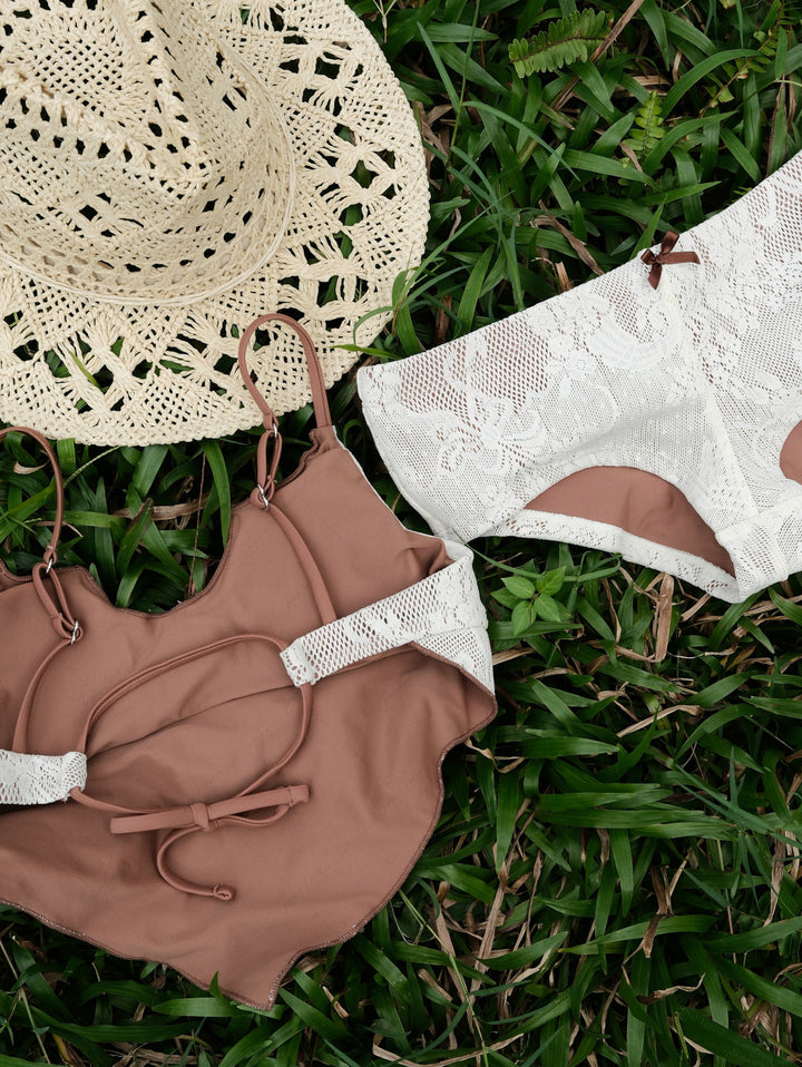 Crystal Cream Lace Contrast Piping Hanky Hem Cheeky Boyshorts Tankini Set