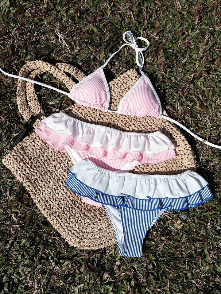 Seamolly Contrast Binding Striped Layered Peplum Halter Triangle Skirtini Bikini Set