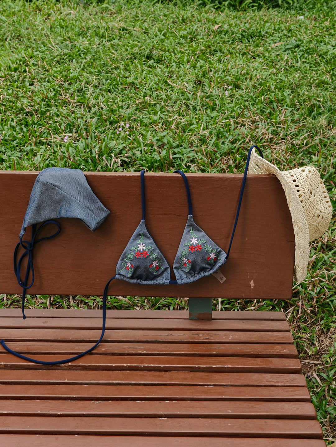 Seamolly Denim Embroidery Halter Triangle Top & Cheeky Brazilian Bottom Bikini Set
