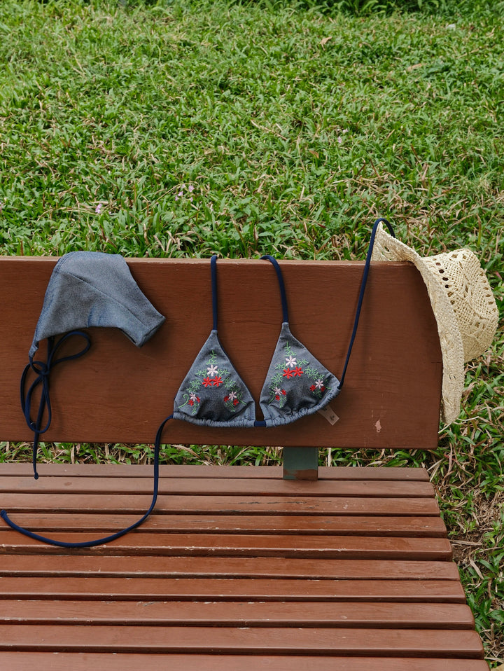 Seamolly Denim Embroidery Halter Triangle Top & Cheeky Brazilian Bottom Bikini Set