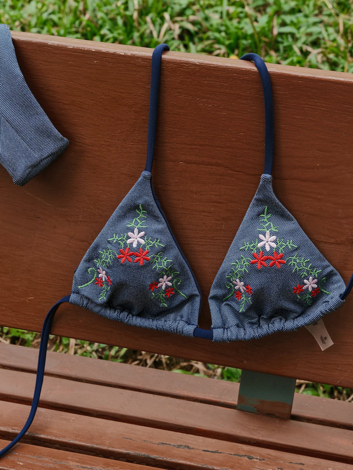 Seamolly Denim Embroidery Halter Triangle Top & Cheeky Brazilian Bottom Bikini Set