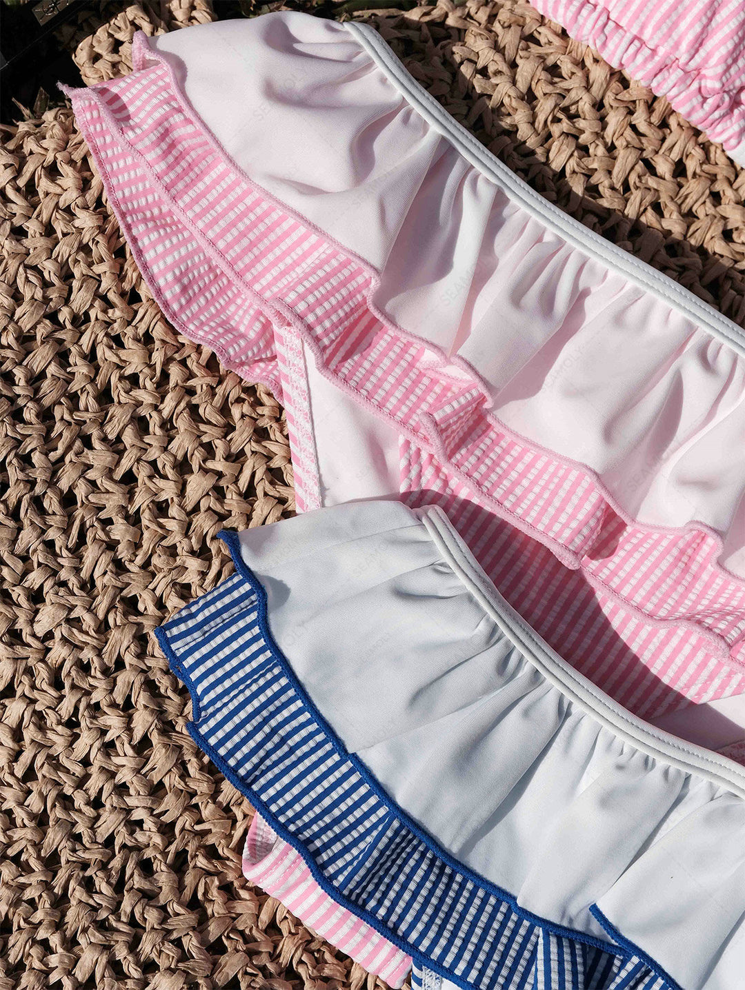 Seamolly Contrast Binding Striped Layered Peplum Halter Triangle Skirtini Bikini Set