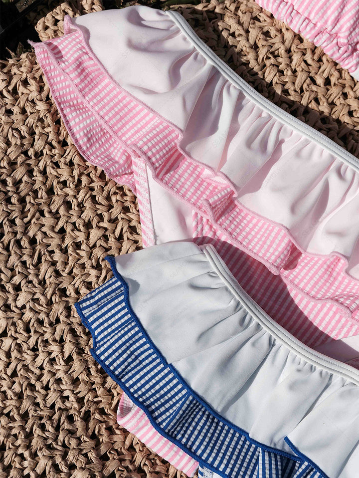 Seamolly Contrast Binding Striped Layered Peplum Halter Triangle Skirtini Bikini Set