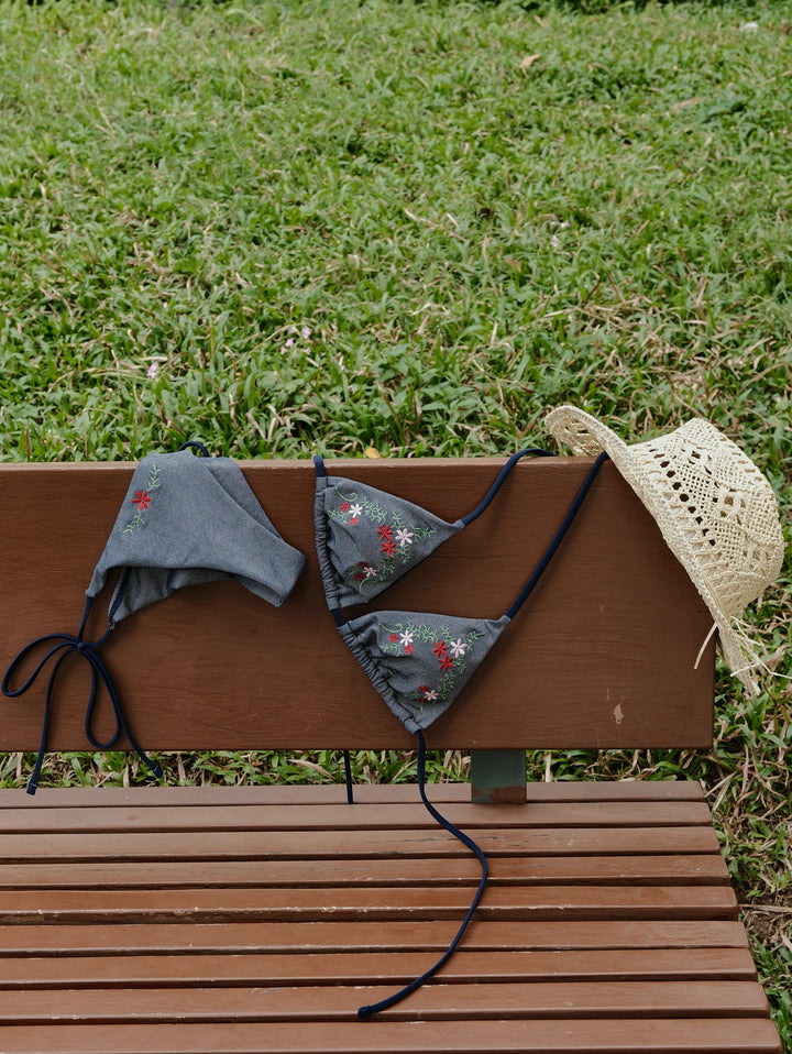 Seamolly Denim Embroidery Halter Triangle Top & Cheeky Brazilian Bottom Bikini Set