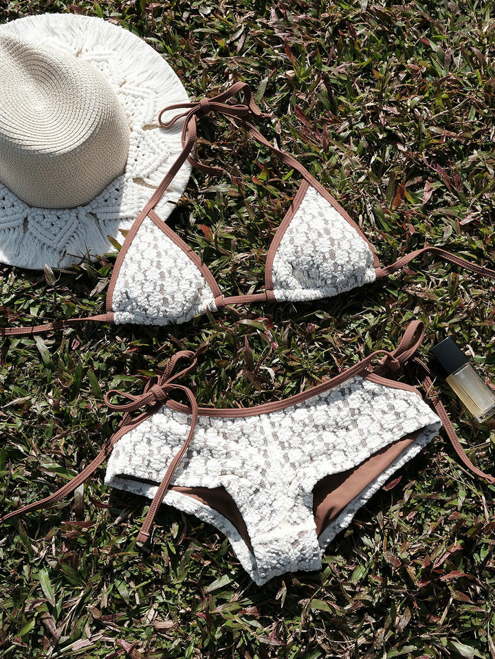 Seamolly Contrast Binding Lace Cutout Tied Side  Boyshorts Bikini Set